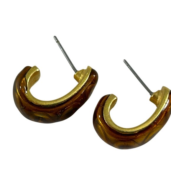 Half Hoop Earrings Brown Swirl Design Gold Tone Pierced Retro Style - Picture 2 of 9